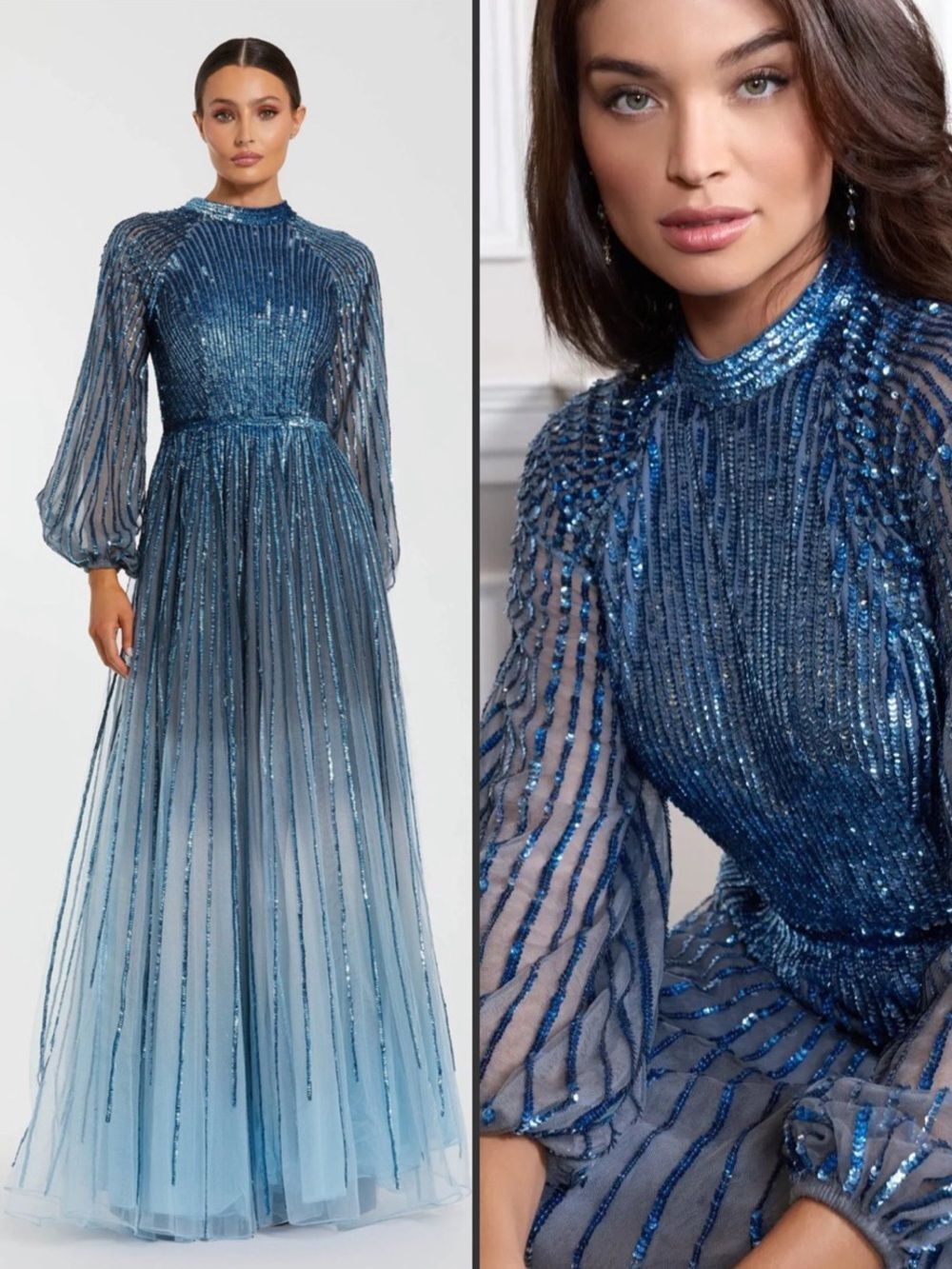NWT Mac Duggal 6206 Blue Ombré Sequin Long Sleeve A-Line Evening Dress Size 8